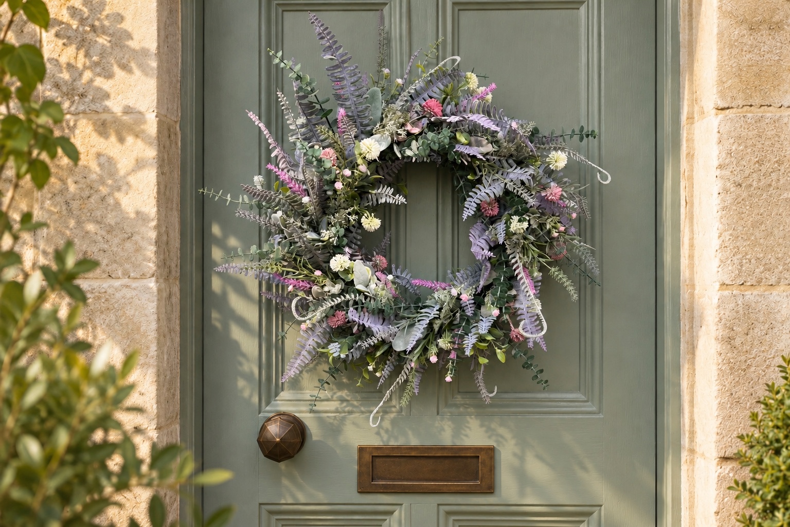 The Wreath Curator’s lavender fern and eucalyptus wreath in a styled sage-green doorway