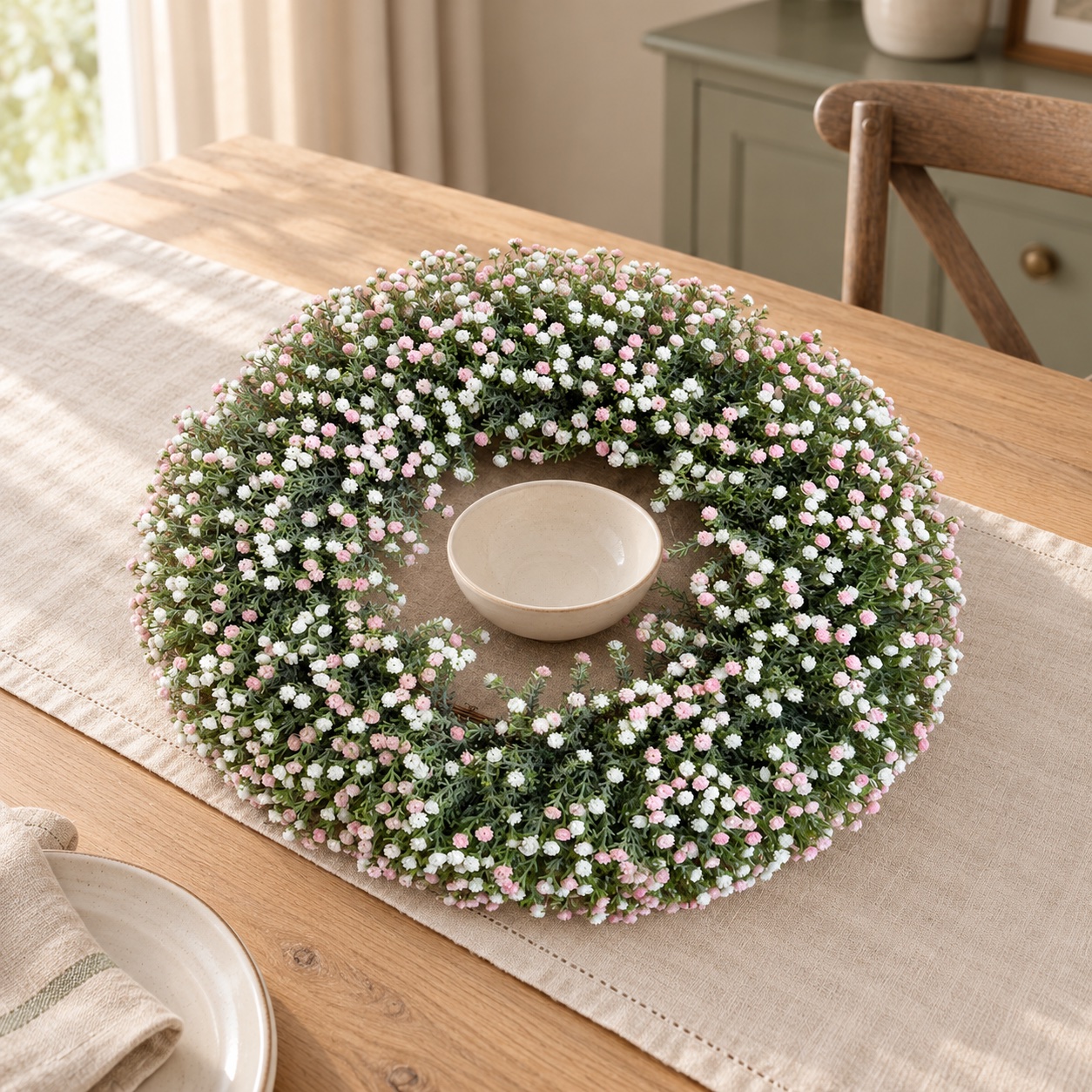 Our pink and white gypsophila wreath styled flat on a linen-covered table around a ceramic bowl